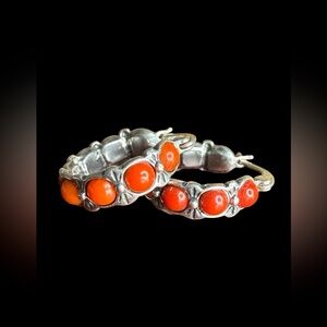 Vintage Shube Coral Hoop Earrings Sterling Silver Southwestern Red Coral 925